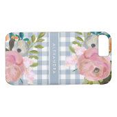 Waterverf Floral en Blue Gingham met naam Case-Mate iPhone Case (Achterkant (Horizontaal))