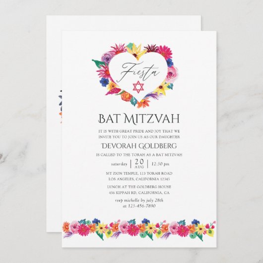 Waterverf Floral Fiesta Bat Mitzvah Kaart (Voorkant / Achterkant)