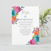 Waterverf Floral Fiesta Bat Mitzvah Kaart (Staand voorkant)