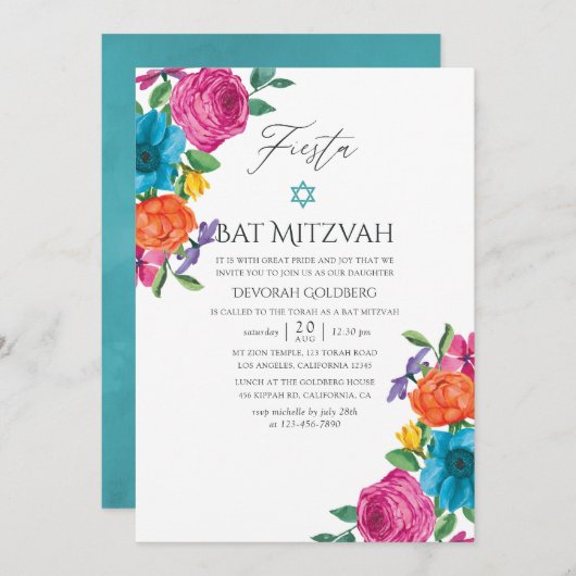 Waterverf Floral Fiesta Bat Mitzvah Kaart (Voorkant / Achterkant)