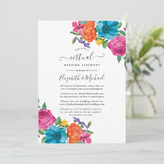 Waterverf Floral Fiesta Online Virtual Wedding Kaart (Staand voorkant)