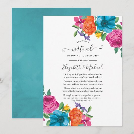 Waterverf Floral Fiesta Online Virtual Wedding Kaart (Voorkant / Achterkant)