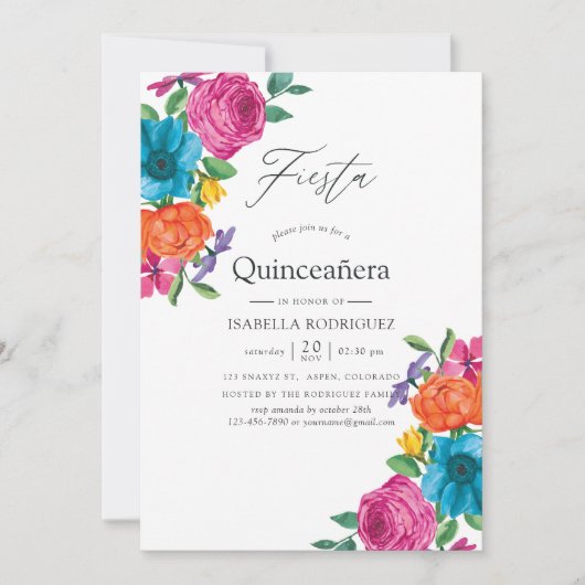 Waterverf Floral Fiesta Quinceañera Kaart (Voorkant)