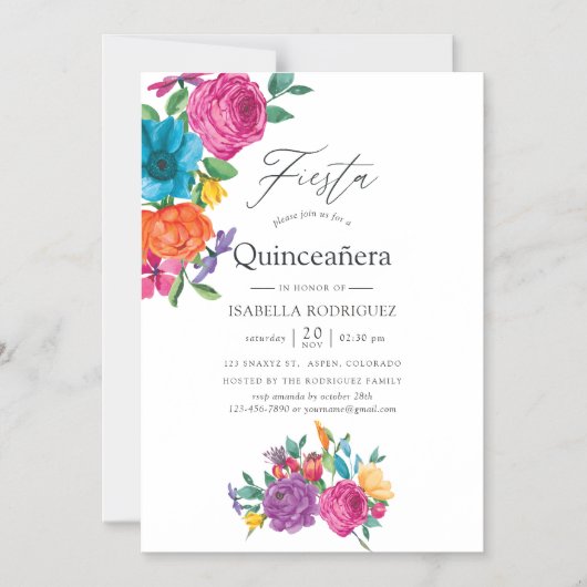 Waterverf Floral Fiesta Quinceañera Magnetische Uitnodiging (Voorkant)