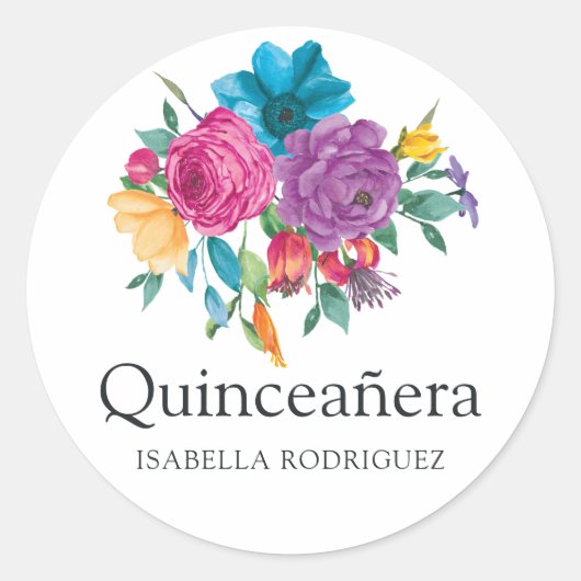 Waterverf Floral Fiesta Quinceañera Ronde Sticker (Voorkant)