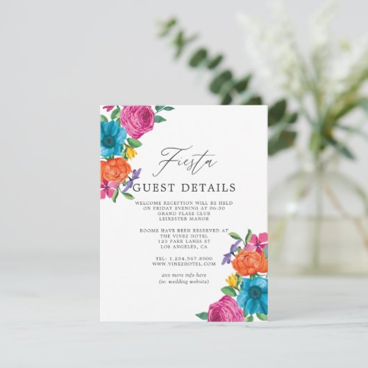 Waterverf Floral Fiesta Wedding Guest Details Informatiekaartje (Staand voorkant)