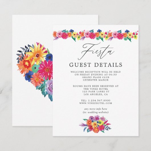 Waterverf Floral Fiesta Wedding Guest Details Informatiekaartje (Voorkant / Achterkant)