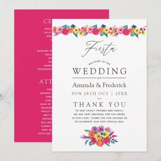 Waterverf Floral Fiesta Wedding Programmakaart (Voorkant / Achterkant)