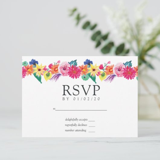 Waterverf Floral Fiesta Wedding RSVP Kaartje (Staand voorkant)