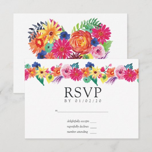 Waterverf Floral Fiesta Wedding RSVP Kaartje (Voorkant / Achterkant)