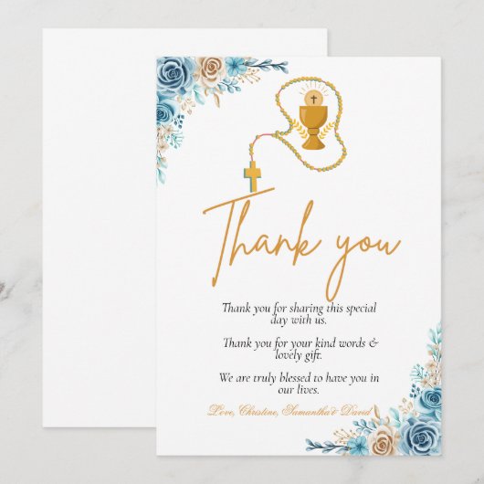 Waterverf floral first holy commune bedankt u kaart (Voorkant / Achterkant)