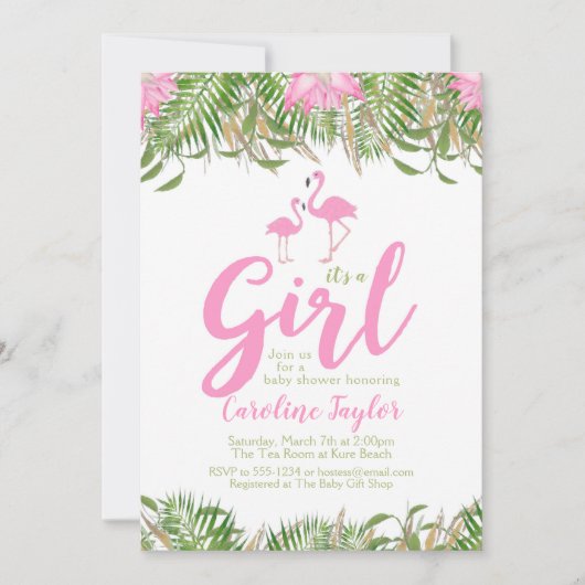 Waterverf Floral Flamingo Baby shower Uitnodiging (Voorkant)