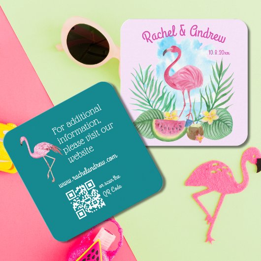 Waterverf Floral Flamingo Bruiloft Website QR Code Informatiekaartje