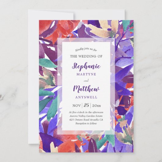 Waterverf Floral Foliage Koraal Paarse bruiloft Kaart (Voorkant)