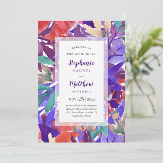 Waterverf Floral Foliage Koraal Paarse bruiloft Kaart (Staand voorkant)