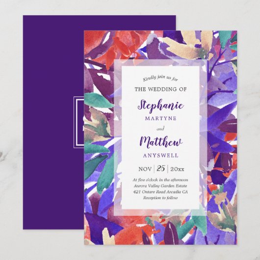Waterverf Floral Foliage Koraal Paarse bruiloft Kaart (Voorkant / Achterkant)