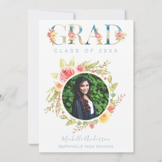 Waterverf Floral Foto Afstuderen Aankondiging (Voorkant)