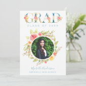 Waterverf Floral Foto Afstuderen Aankondiging (Staand voorkant)