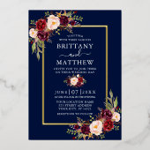 Waterverf Floral Foto Blue Gold Folie Uitnodiging (Voorkant)