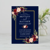 Waterverf Floral Foto Blue Gold Folie Uitnodiging (Staand Voorkant)