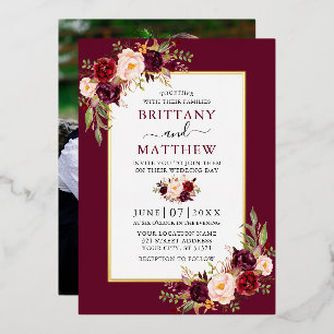 Waterverf Floral Foto Burgundy Wedding Gold Folie Uitnodiging