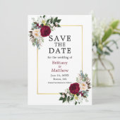 Waterverf Floral Foto Gold Burgundy Save The Date (Staand voorkant)