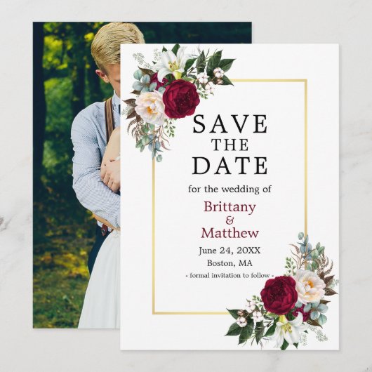 Waterverf Floral Foto Gold Burgundy Save The Date (Voorkant / Achterkant)