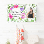 Waterverf Floral Foto Sweet 16 Birthday Party Spandoek (Insitu)