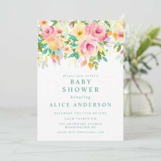 Waterverf Floral Garden Baby shower Invite Kaart (Staand voorkant)