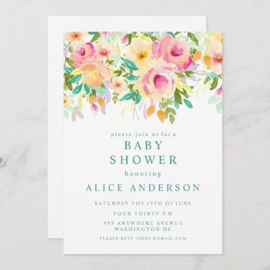 Waterverf Floral Garden Baby shower Invite Kaart (Voorkant / Achterkant)