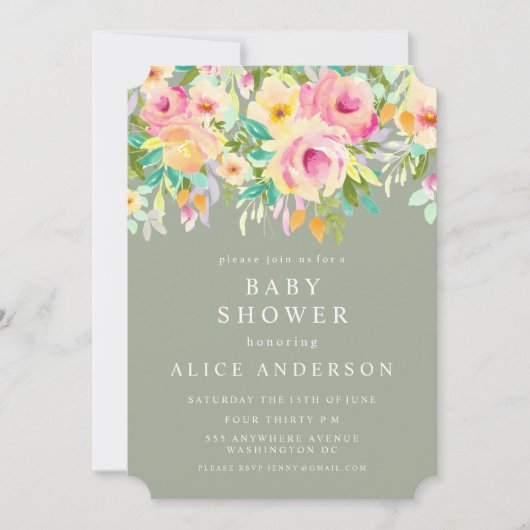 Waterverf Floral Garden Baby shower Invite Kaart (Voorkant)