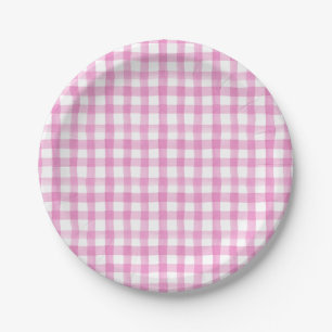 Waterverf Floral Garden Party Pink Gingham Papieren Bordje