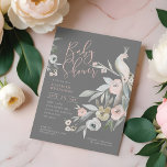 Waterverf Floral Garden Peacock Baby shower Kaart<br><div class="desc">Nodig uw gasten uit voor uw baby shower-evenement, dat de moeder-te-zijn met onze mooie bloemen tuintuinpauw bruid doucheuitnodiging. Het ontwerp bevat onze handbeschilderde waterverf florale pauw-vogel illustratie in zachte, zwarte tinten, grijze, olijfgroen en stoffige blauwe tinten. De pauw-vogel is geperst op een tak met delicate, moderne bloesems die de pauw-staart...</div>