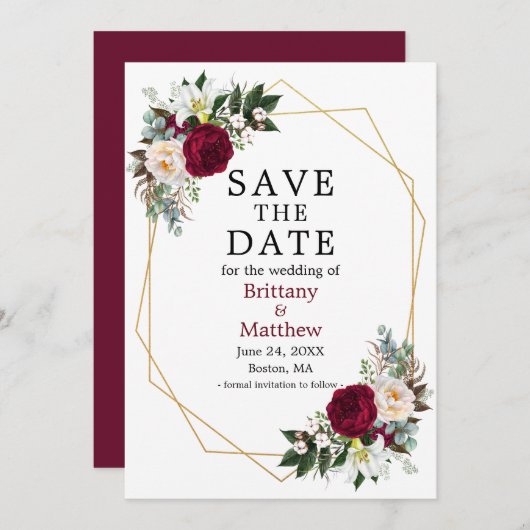 Waterverf Floral Geo Lijst Burgundy Save The Date (Voorkant / Achterkant)