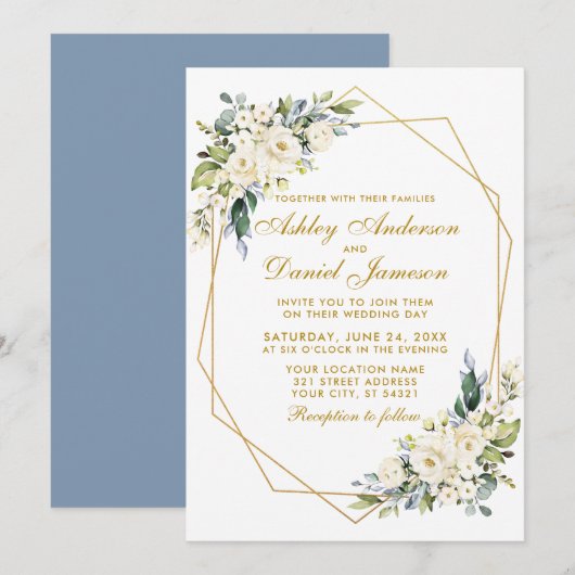 Waterverf Floral Geo Lijst Dusty Blue Wedding Kaart (Voorkant / Achterkant)