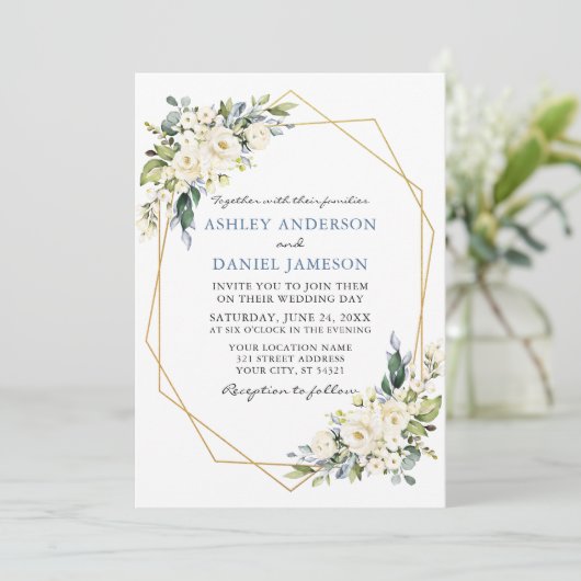 Waterverf Floral Geo Lijst Dusty Blue Wedding Kaart (Staand voorkant)