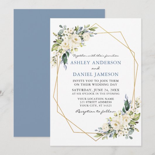 Waterverf Floral Geo Lijst Dusty Blue Wedding Kaart (Voorkant / Achterkant)
