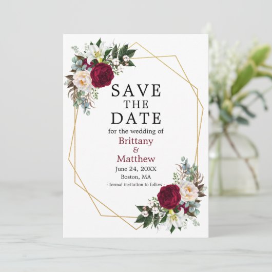 Waterverf Floral Geo Lijst Foto Burgundy Save The Date (Staand voorkant)