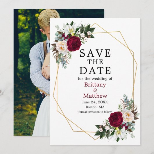 Waterverf Floral Geo Lijst Foto Burgundy Save The Date (Voorkant / Achterkant)