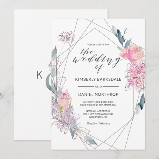Waterverf Floral Geometric bruiloft uitnodiging (Voorkant / Achterkant)