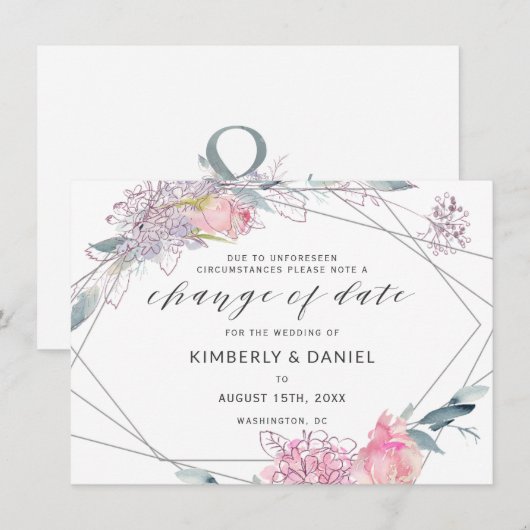 Waterverf Floral Geometric Change of Wedding Date Save The Date (Voorkant / Achterkant)