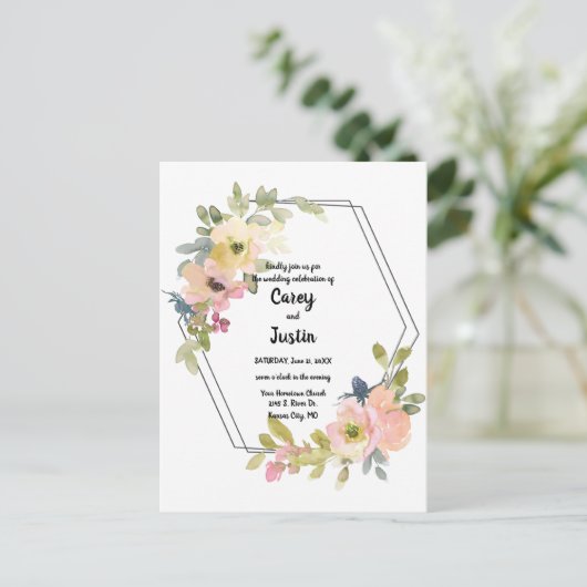Waterverf Floral Geometric Wedding Briefkaart (Staand voorkant)