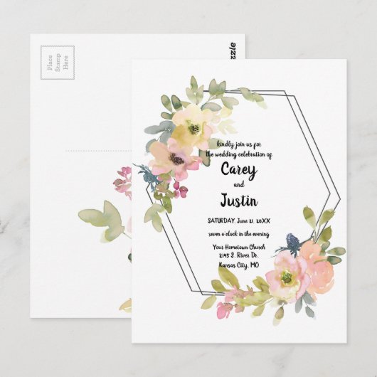 Waterverf Floral Geometric Wedding Briefkaart (Voorkant / Achterkant)