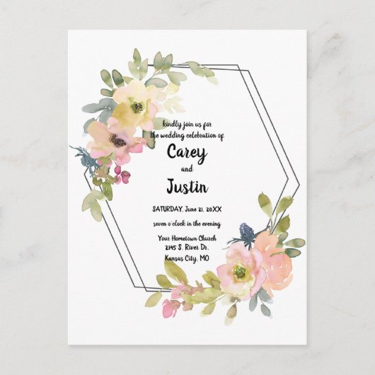 Waterverf Floral Geometric Wedding Briefkaart (Voorkant)