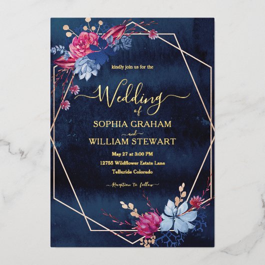 Waterverf Floral Geometric Wedding van Navy Blush Folie Uitnodiging (Voorkant)