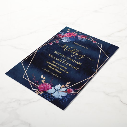 Waterverf Floral Geometric Wedding van Navy Blush Folie Uitnodiging (Gedraaid)