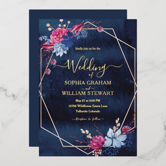Waterverf Floral Geometric Wedding van Navy Blush Folie Uitnodiging (Voorkant / Achterkant)