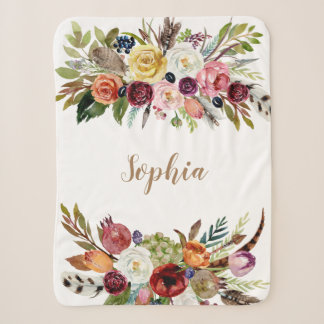 Waterverf Floral Girl Baby Name Blanket Sherpa Deken