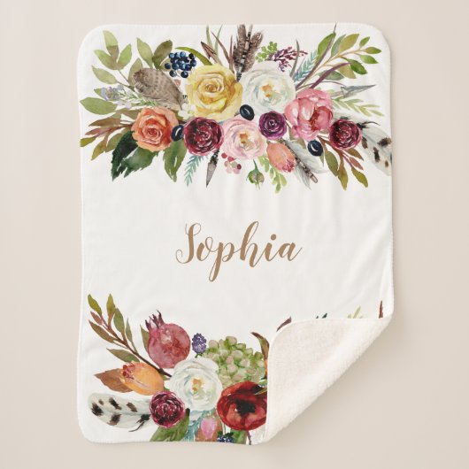 Waterverf Floral Girl Baby Name Blanket Sherpa Deken (Voorkant)