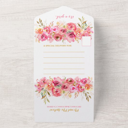 Waterverf Floral Girl Baby shower All In One Uitnodiging (Buitenkant)